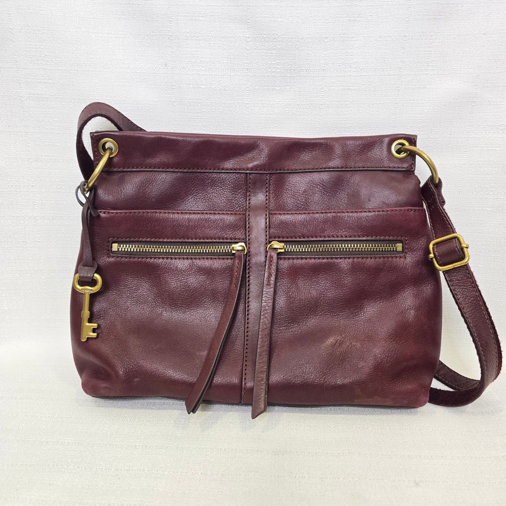Fossil Caitlyn Crossbody Bag Purse Claret Red Leather Dual Zip Pocket